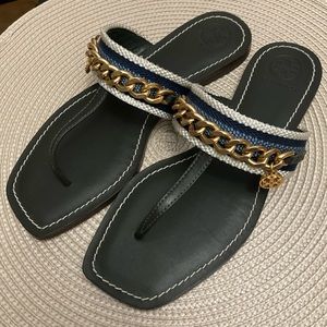 Tory Burch Mini Benton Gold Chain Band Sandal Poblano Green Blue Yonder Sz 6 NEW